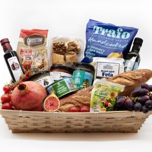Greek Gourmet Collection food hamper with olive oil, Greek olives, artisan cheese, honey, spreads and pastries