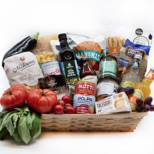 Mediterranean Pantry Basket food hamper with olive oil, balsamic, olives, crackers, pasta and deli treats
