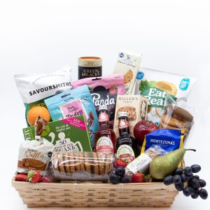 Office Indulgence Basket corporate gift hamper with premium snacks, biscuits, tea, coffee and fresh fruit